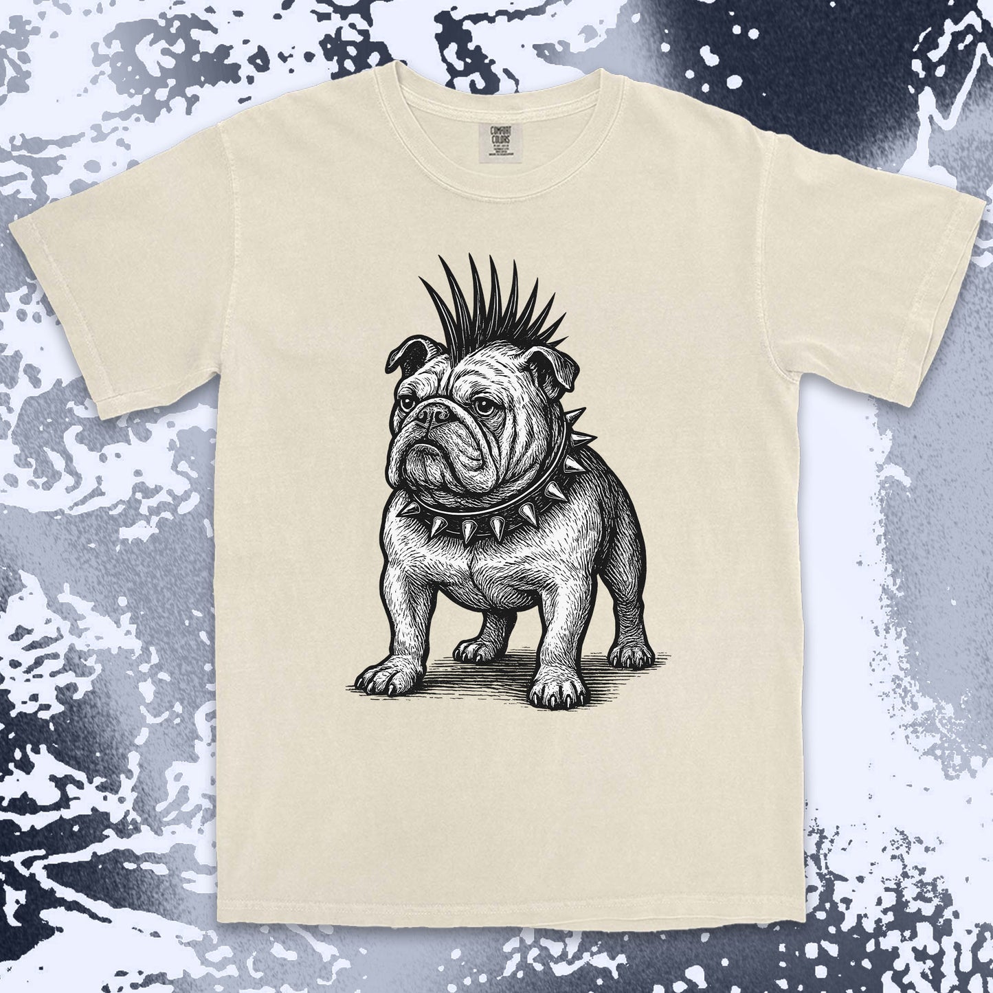 punk bulldog comfort colors t-shirt with mohawk and spikes collar