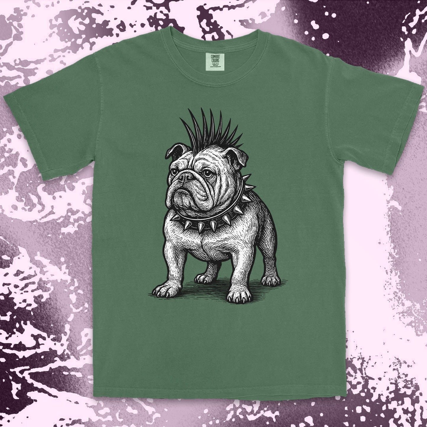 punk bulldog comfort colors t-shirt with mohawk and spikes collar