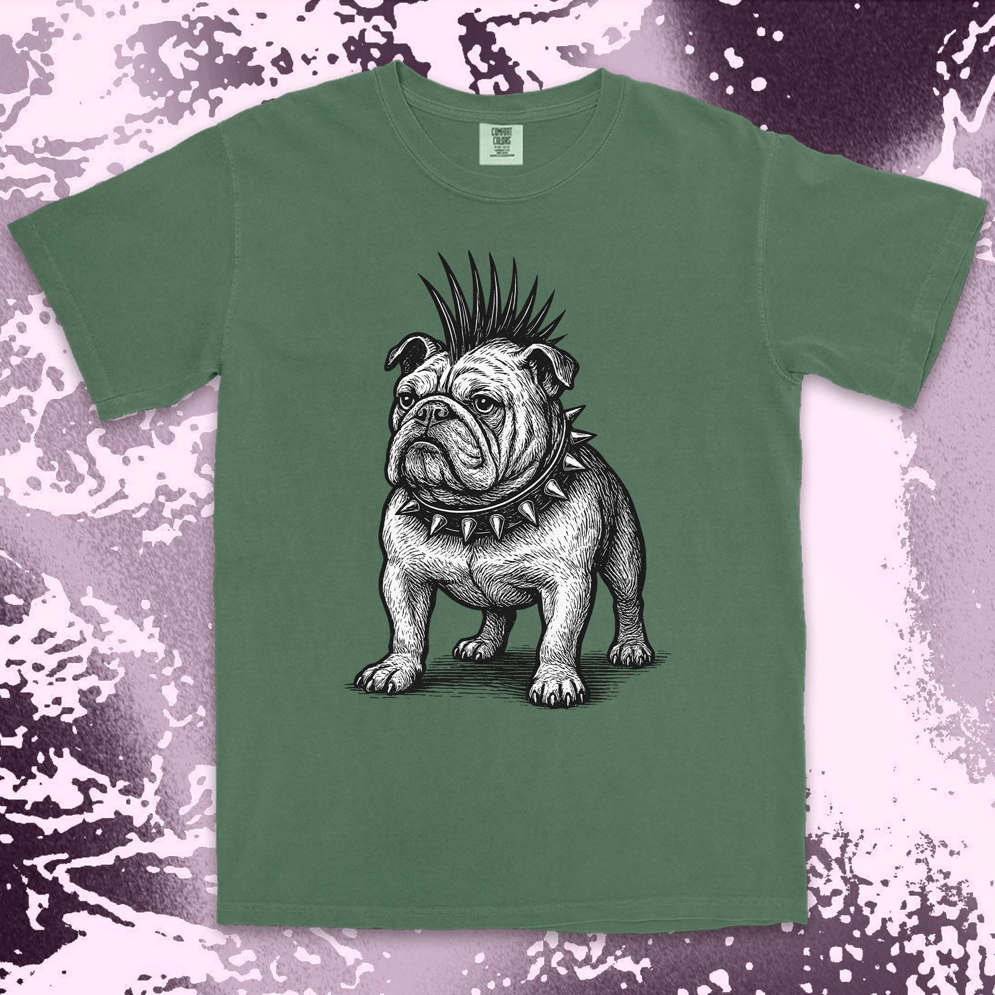 punk bulldog comfort colors t-shirt with mohawk and spikes collar