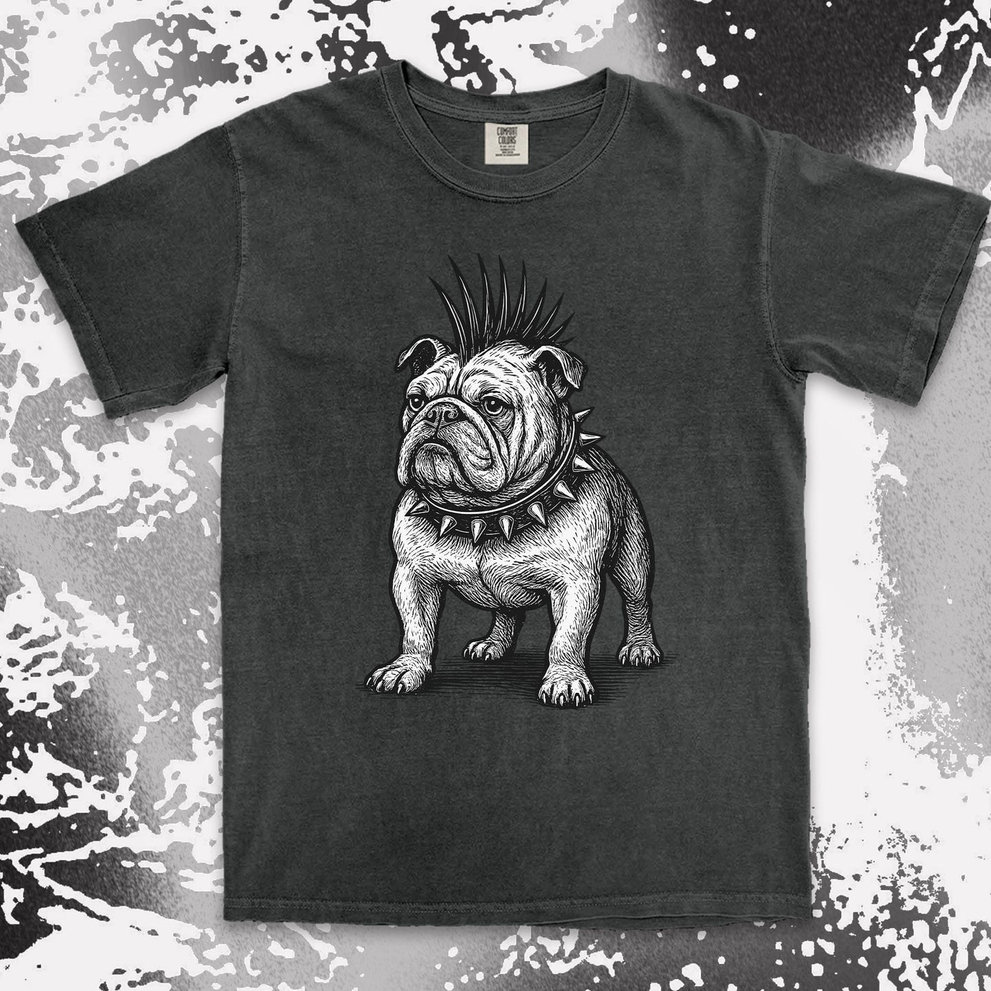 punk bulldog comfort colors t-shirt with mohawk and spikes collar