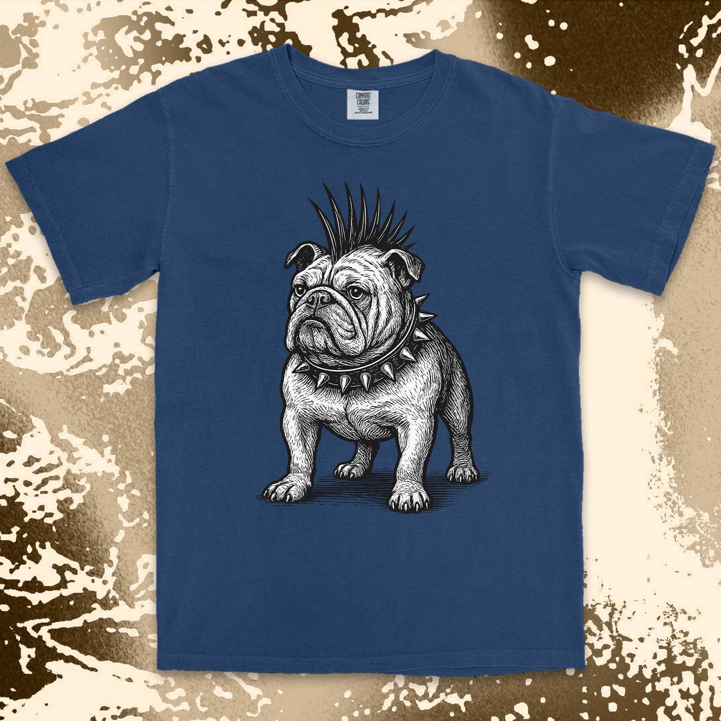 punk bulldog comfort colors t-shirt with mohawk and spikes collar