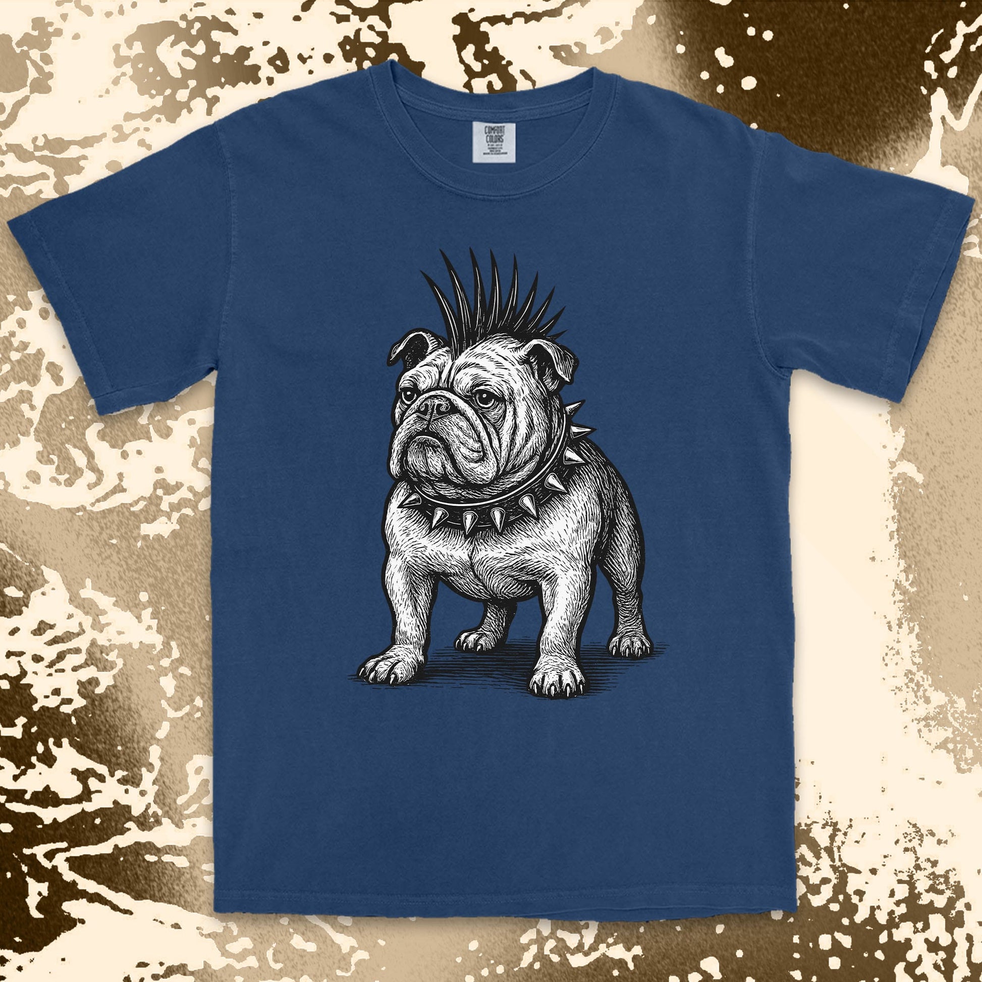 punk bulldog comfort colors t-shirt with mohawk and spikes collar