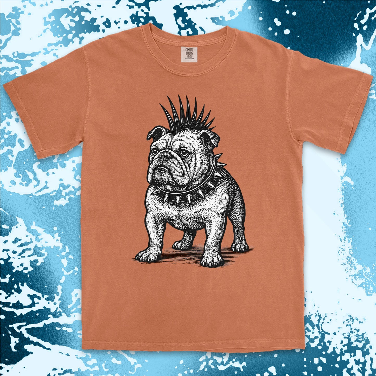 punk bulldog comfort colors t-shirt with mohawk and spikes collar