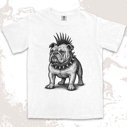 punk bulldog comfort colors t-shirt with mohawk and spikes collar