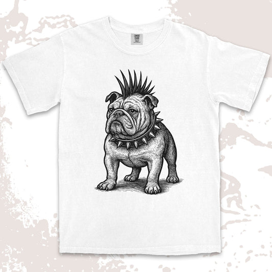 punk bulldog comfort colors t-shirt with mohawk and spikes collar