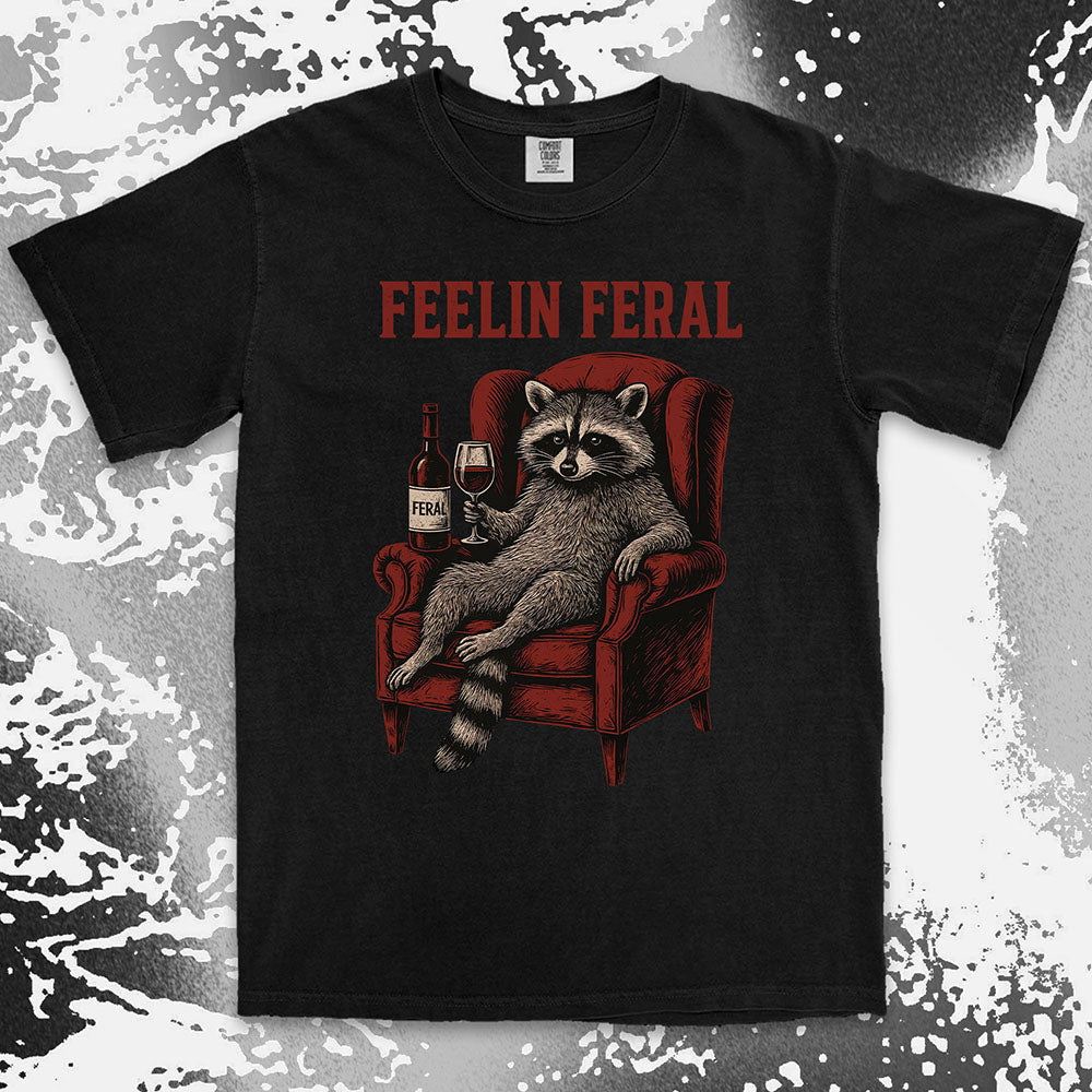 feelin feral raccoon wine funny shirt vintage meme tee
