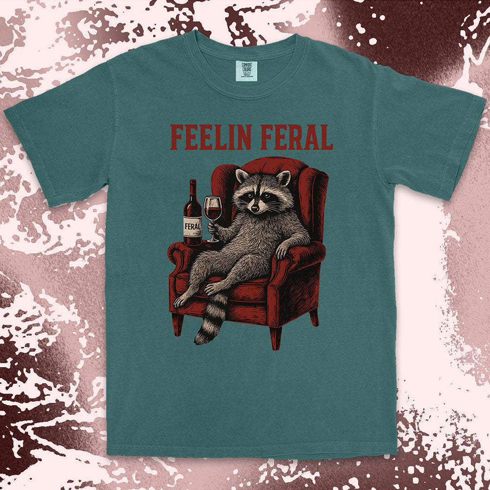 feelin feral raccoon wine funny shirt vintage meme tee