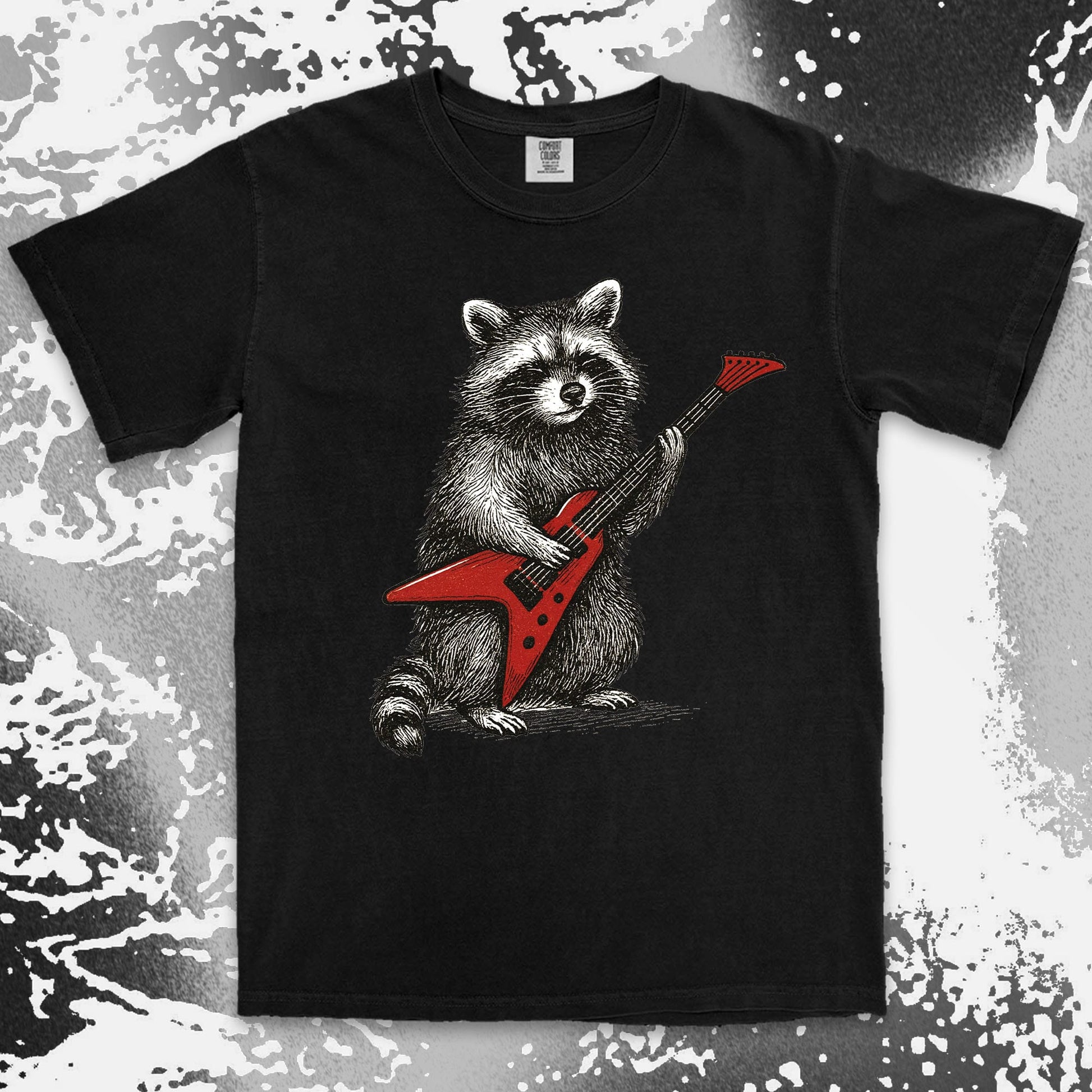 rockstar raccoon comfort colors t-shirt playing red electric guitar