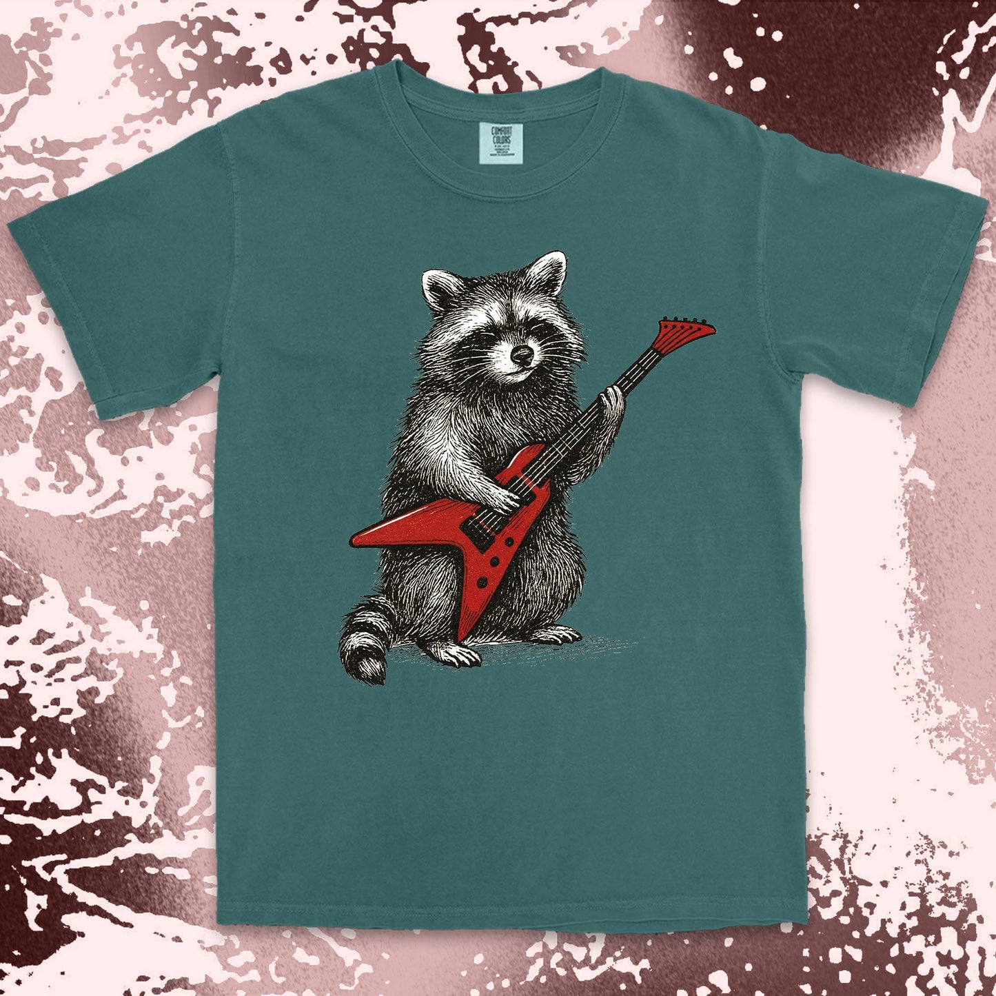 rockstar raccoon comfort colors t-shirt playing red electric guitar
