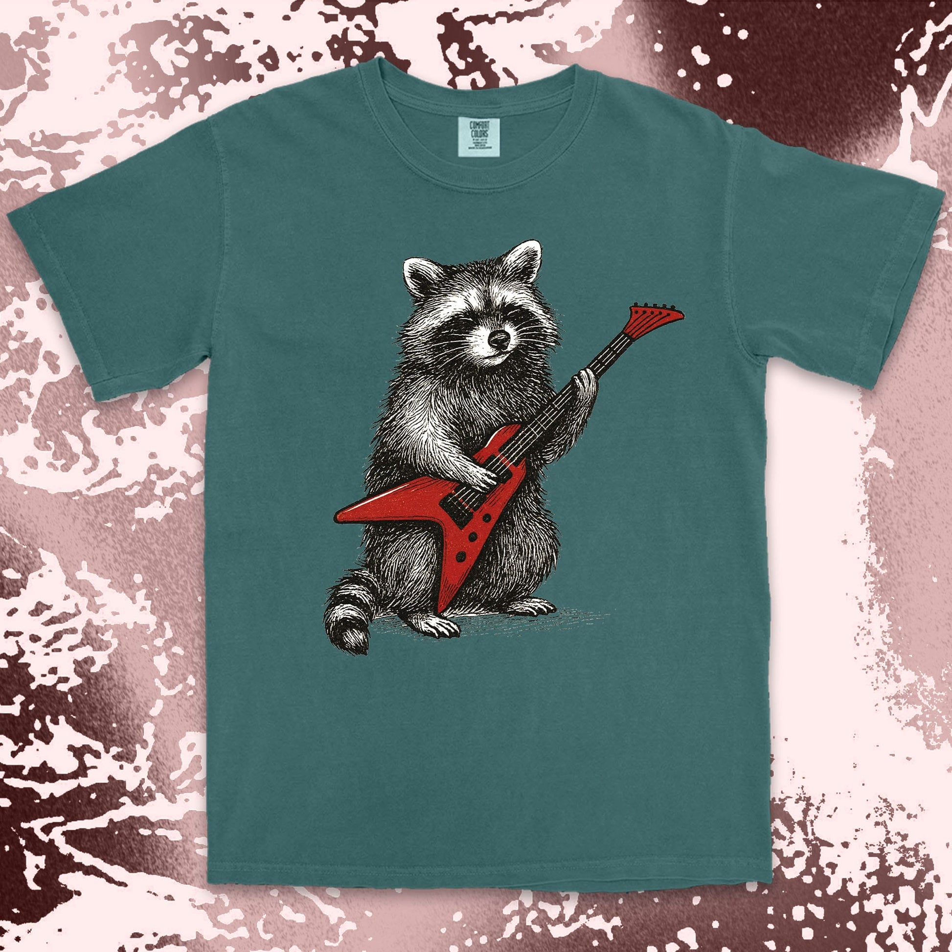 rockstar raccoon comfort colors t-shirt playing red electric guitar