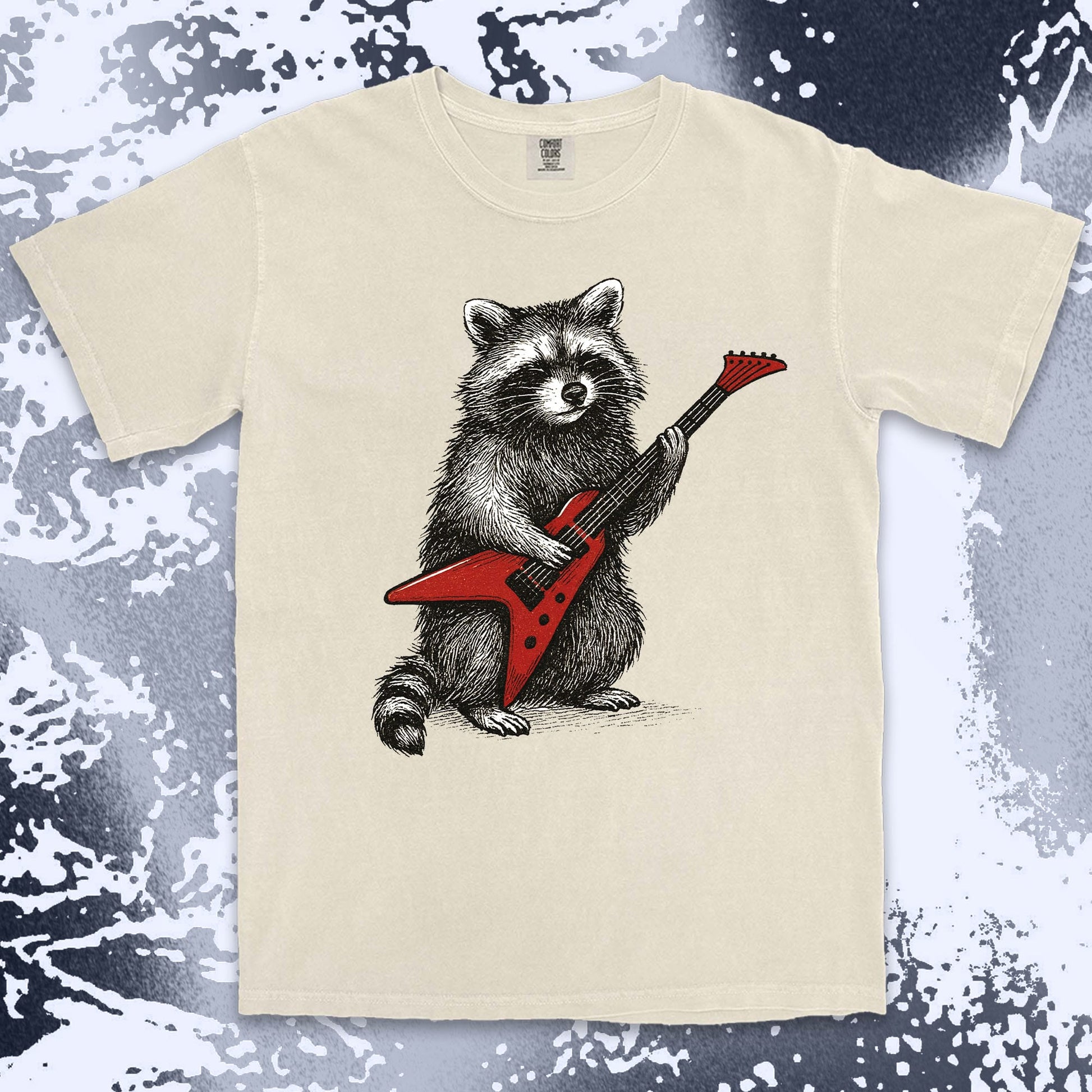 rockstar raccoon comfort colors t-shirt playing red electric guitar