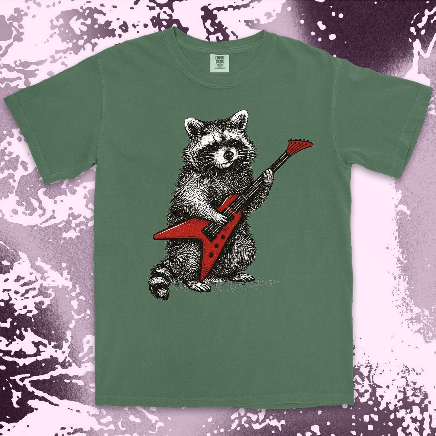 rockstar raccoon comfort colors t-shirt playing red electric guitar