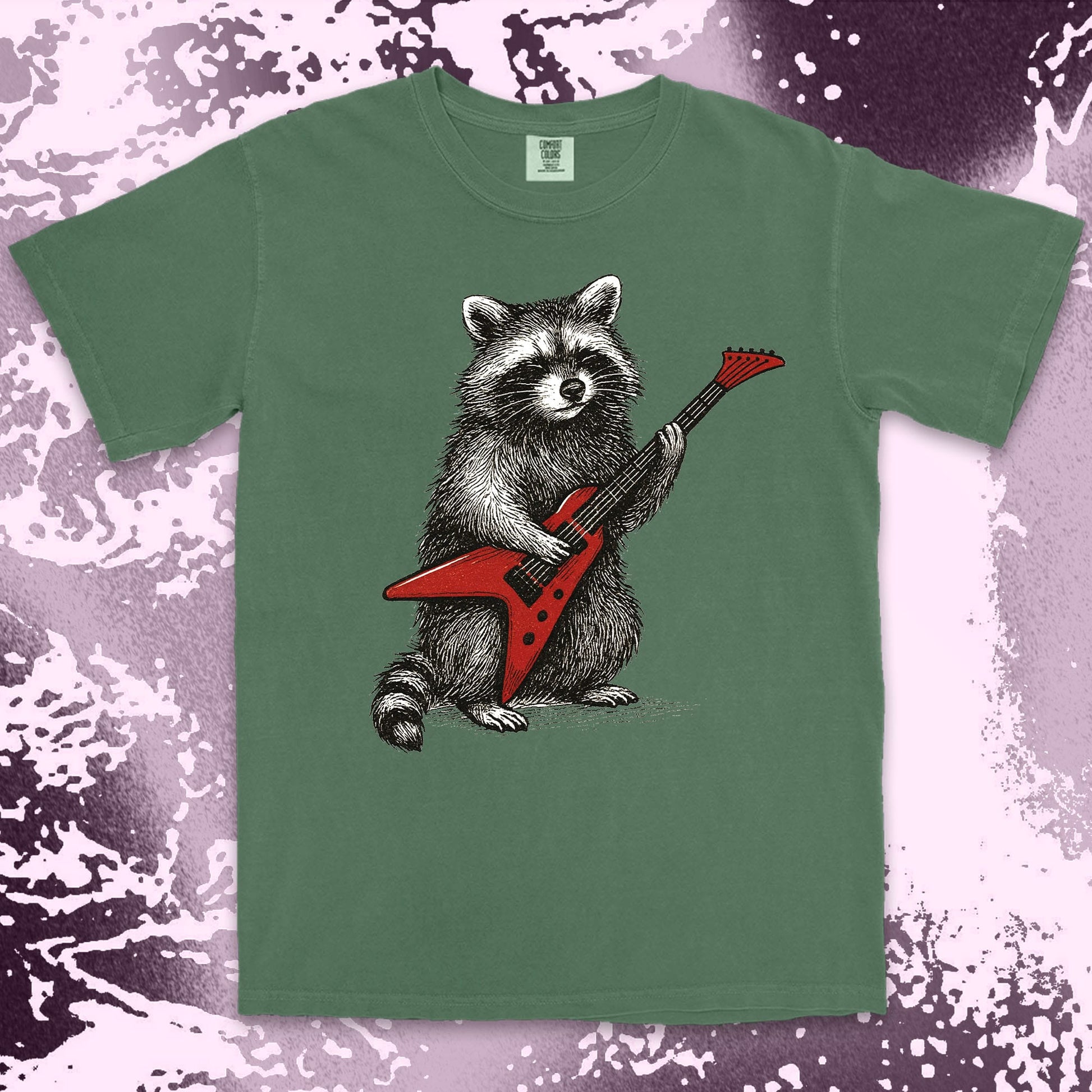 rockstar raccoon comfort colors t-shirt playing red electric guitar