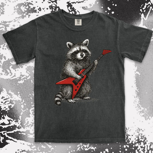 rockstar raccoon comfort colors t-shirt playing red electric guitar