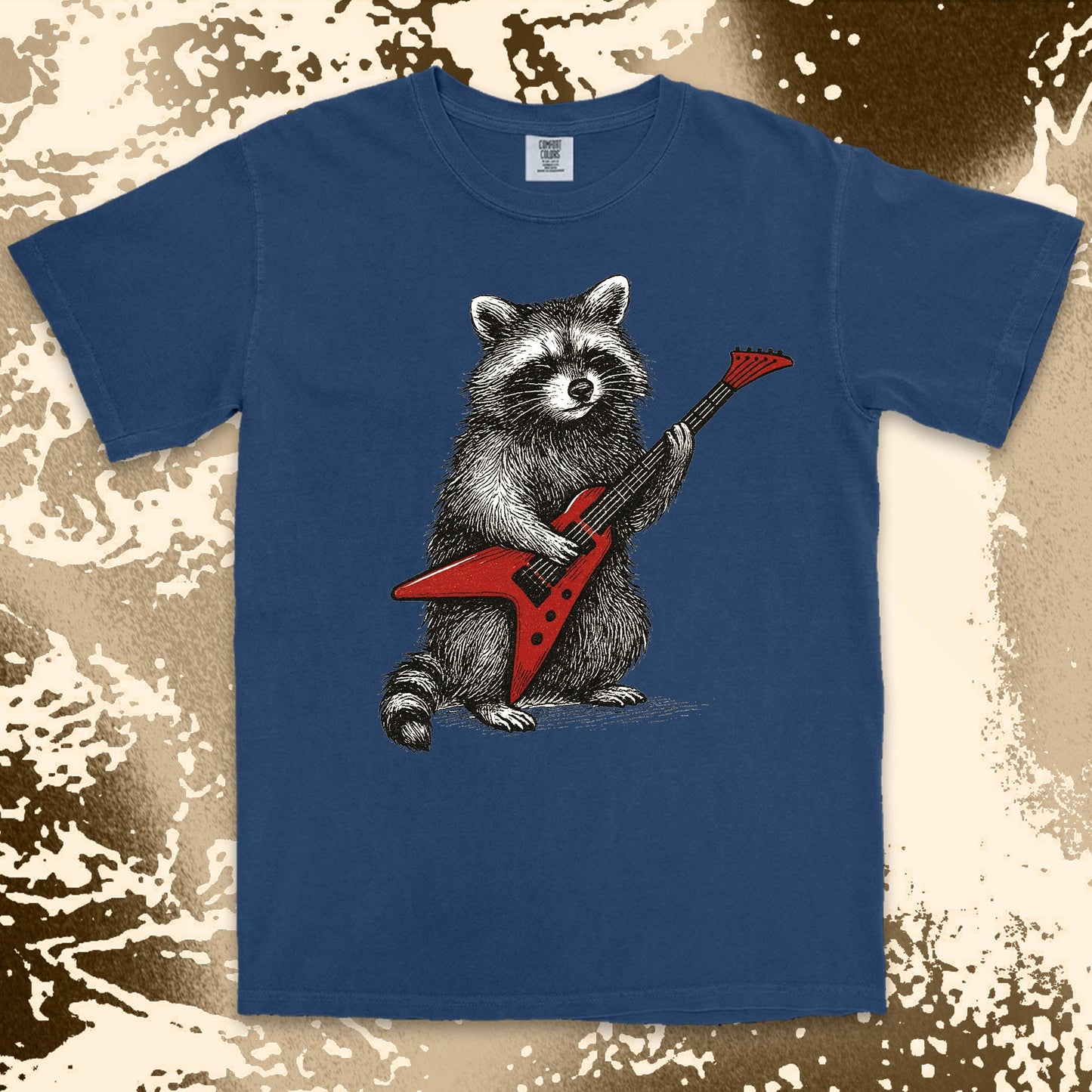 rockstar raccoon comfort colors t-shirt playing red electric guitar