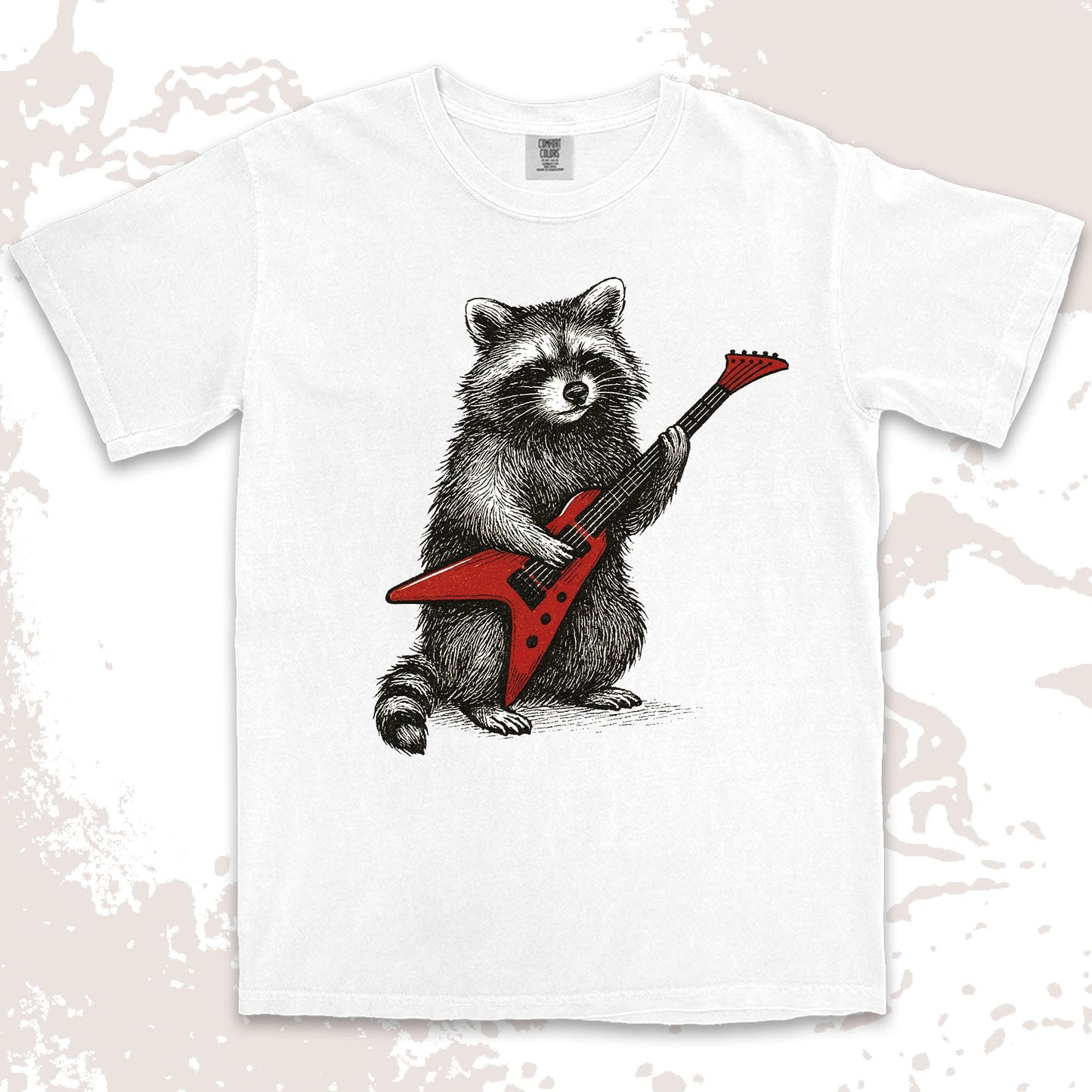 rockstar raccoon comfort colors t-shirt playing red electric guitar