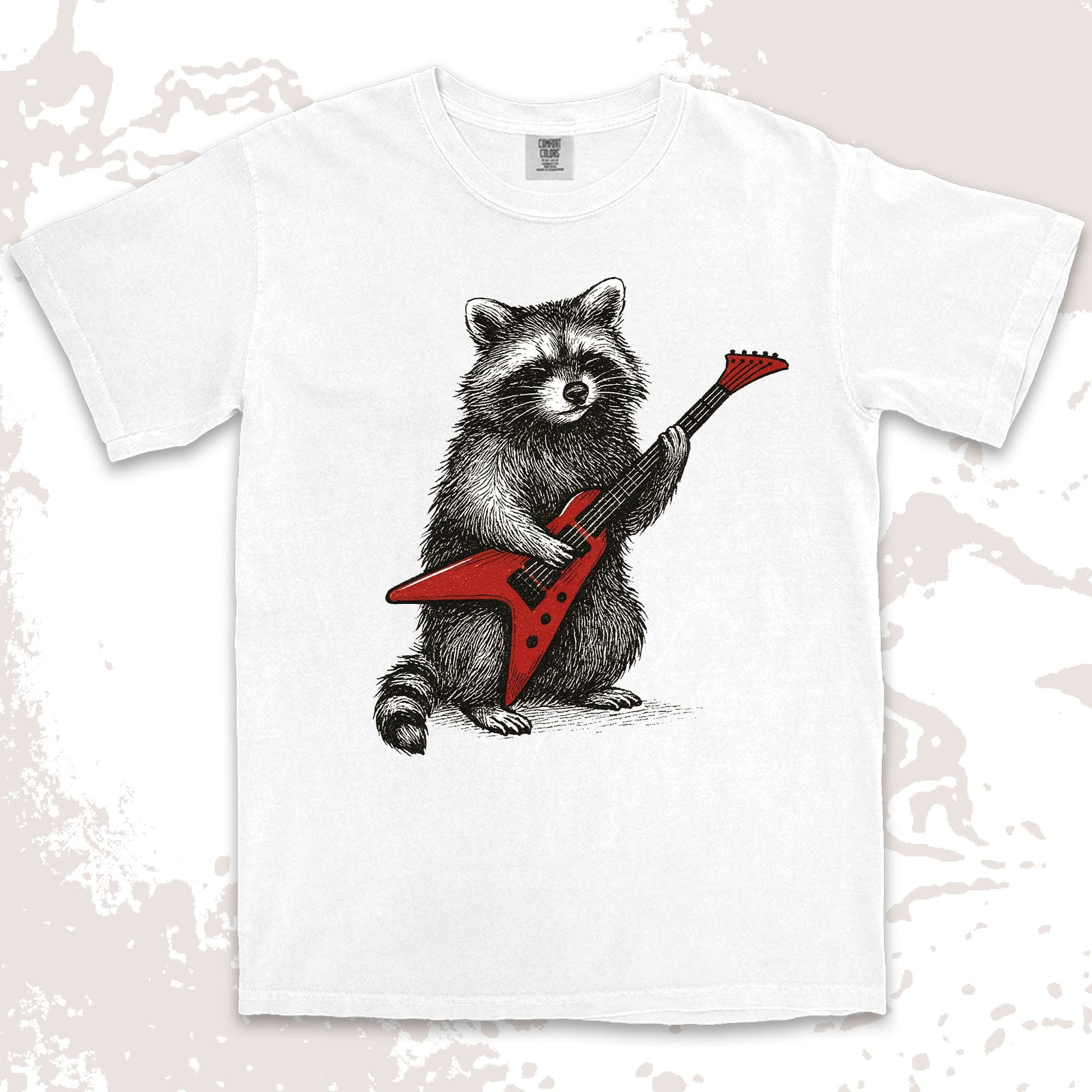 rockstar raccoon comfort colors t-shirt playing red electric guitar