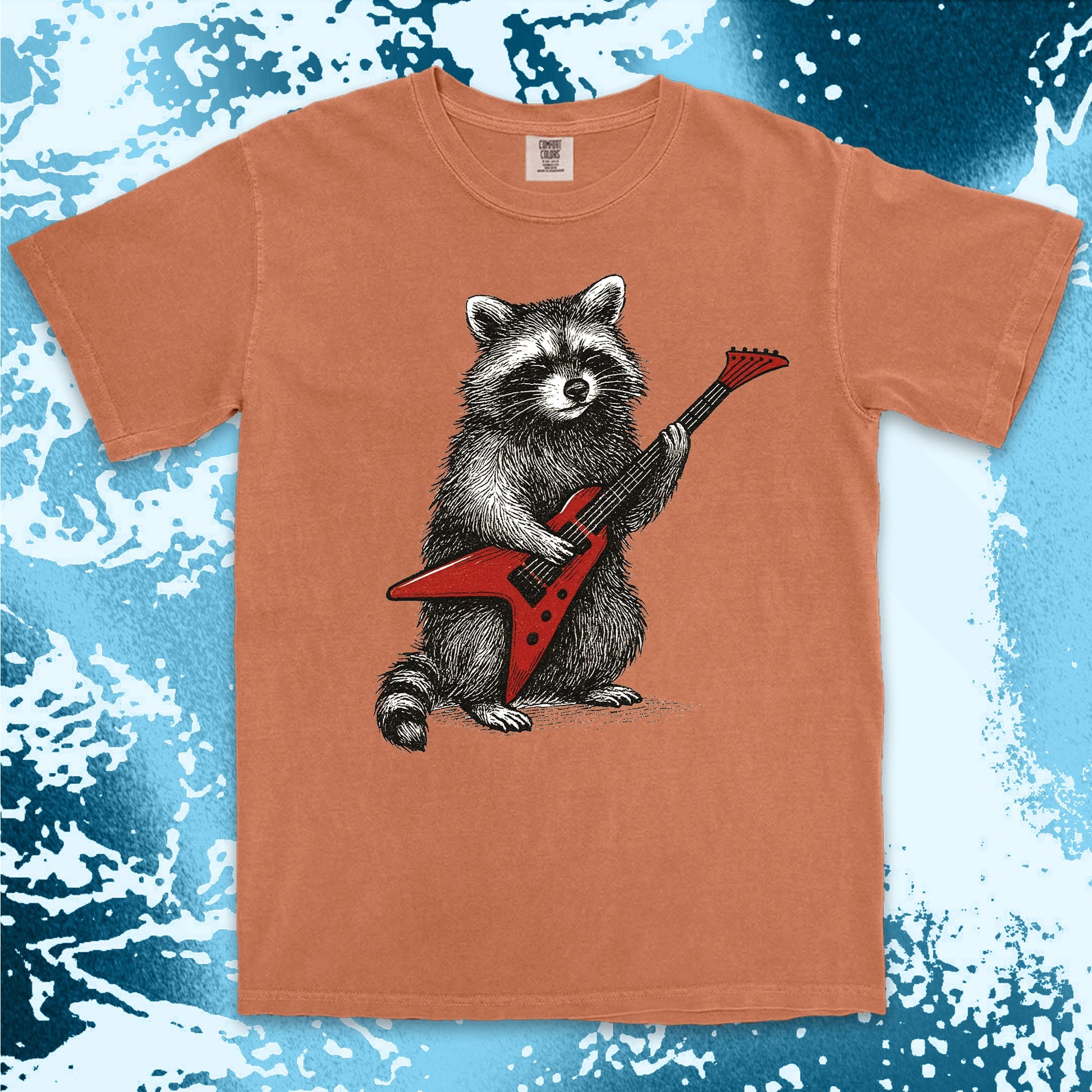 rockstar raccoon comfort colors t-shirt playing red electric guitar