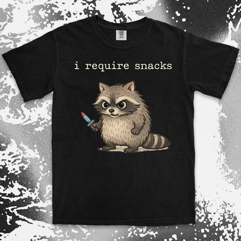 funny raccoon shirt i require snacks cute chaotic trash panda tee