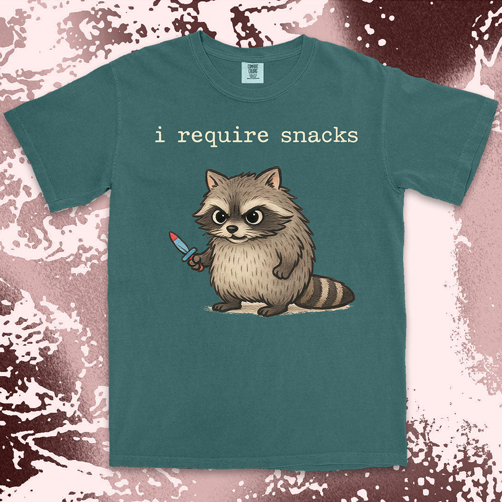 funny raccoon shirt i require snacks cute chaotic trash panda tee