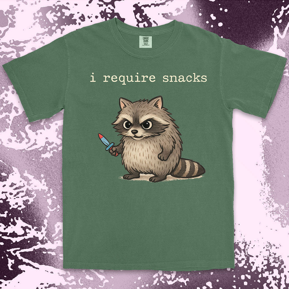 funny raccoon shirt i require snacks cute chaotic trash panda tee