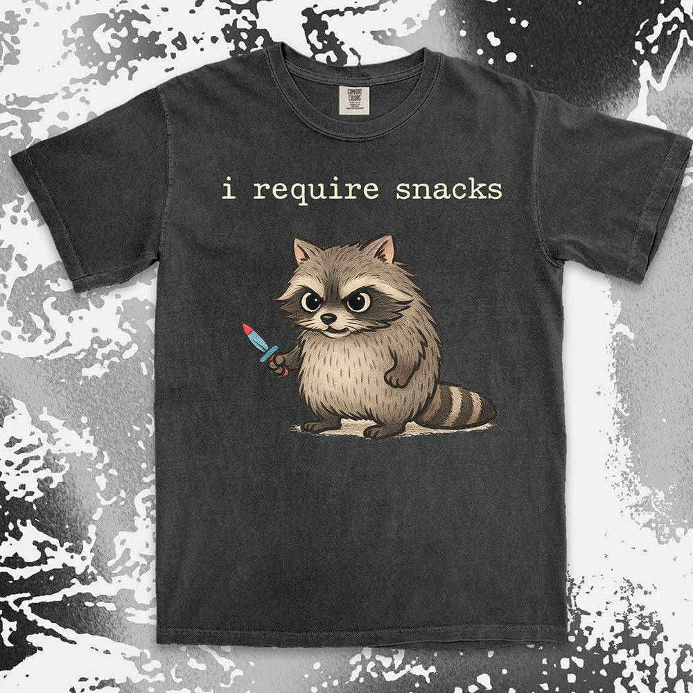 funny raccoon shirt i require snacks cute chaotic trash panda tee