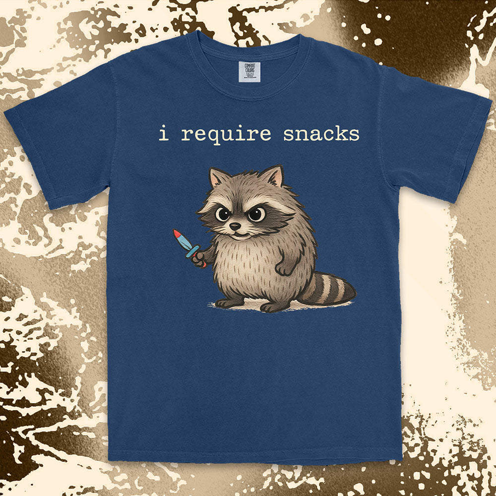 funny raccoon shirt i require snacks cute chaotic trash panda tee