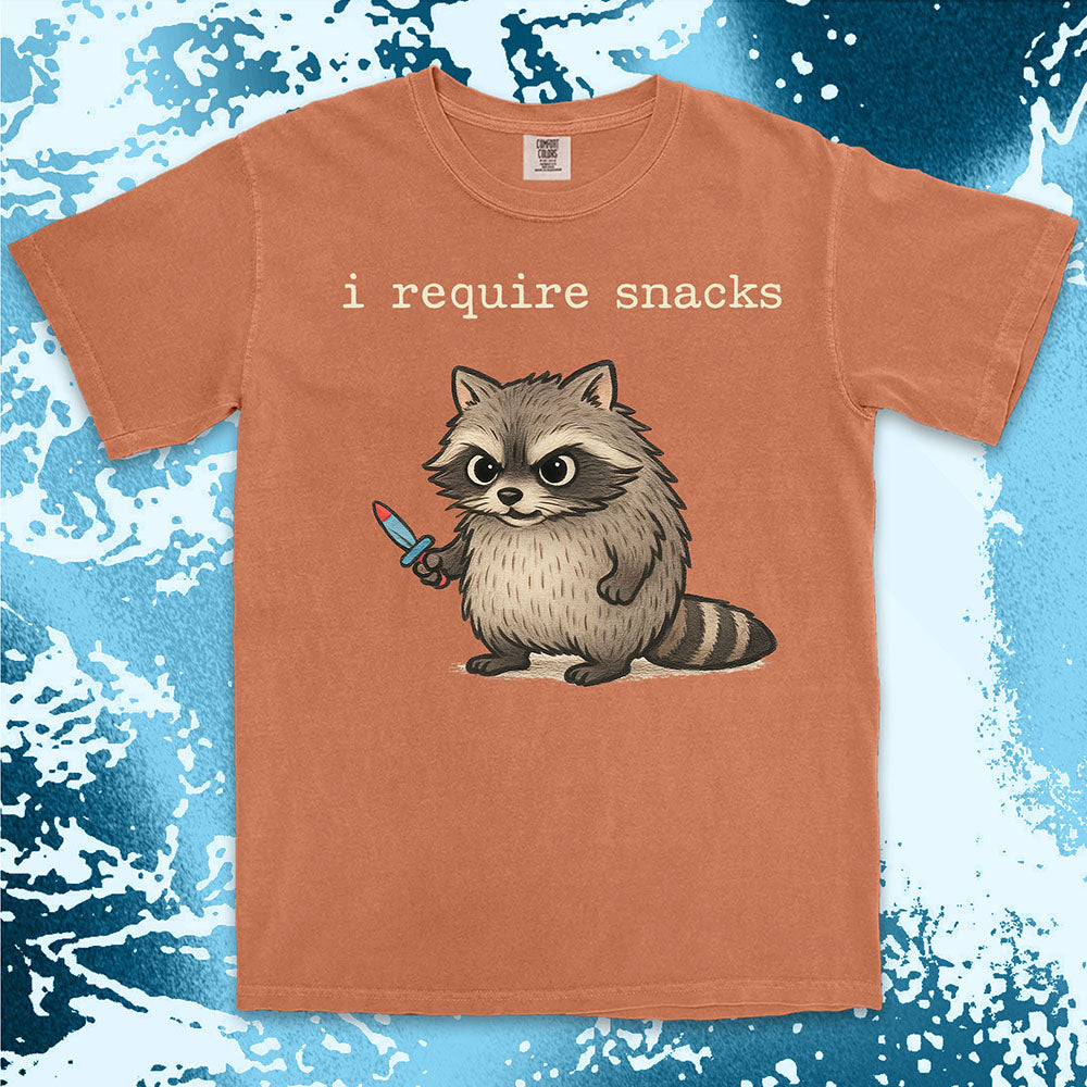 funny raccoon shirt i require snacks cute chaotic trash panda tee