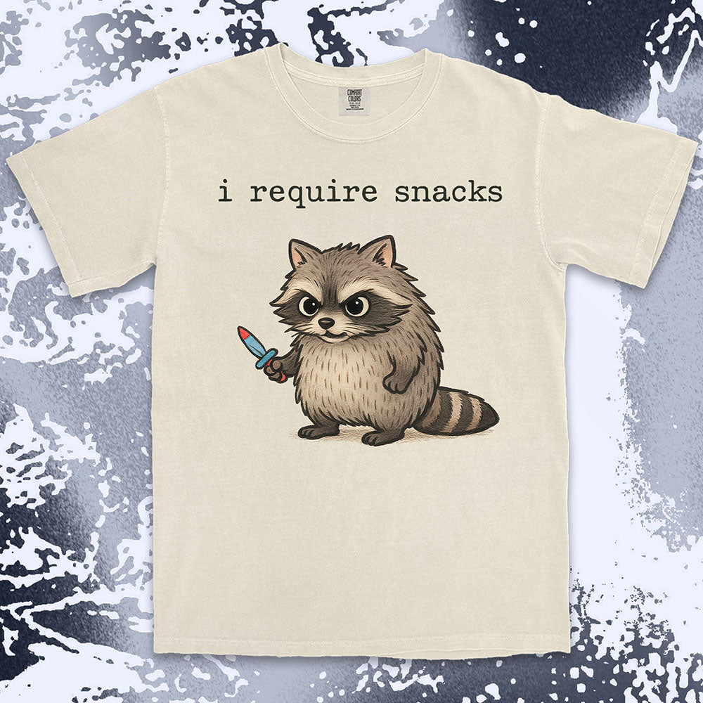 funny raccoon shirt i require snacks cute chaotic trash panda tee