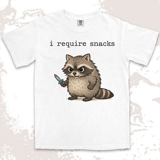 funny raccoon shirt i require snacks cute chaotic trash panda tee