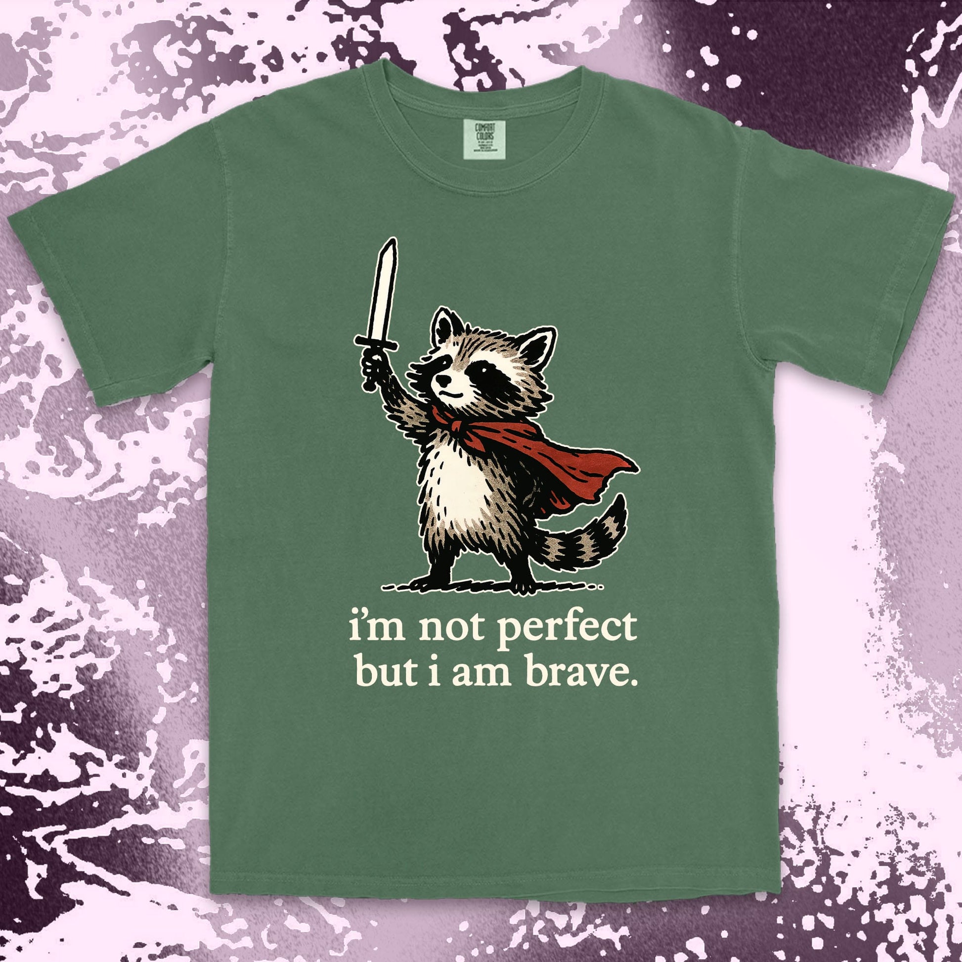 iÕm not perfect but i am brave raccoon comfort colors t-shirt with sword and red cape