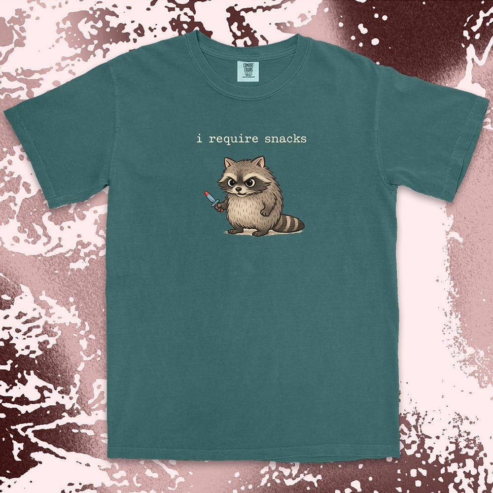 Cute raccoon shirt with ÒI require snacksÓ quote, chubby raccoon holding a small knife. Comfort Color t-shirt.