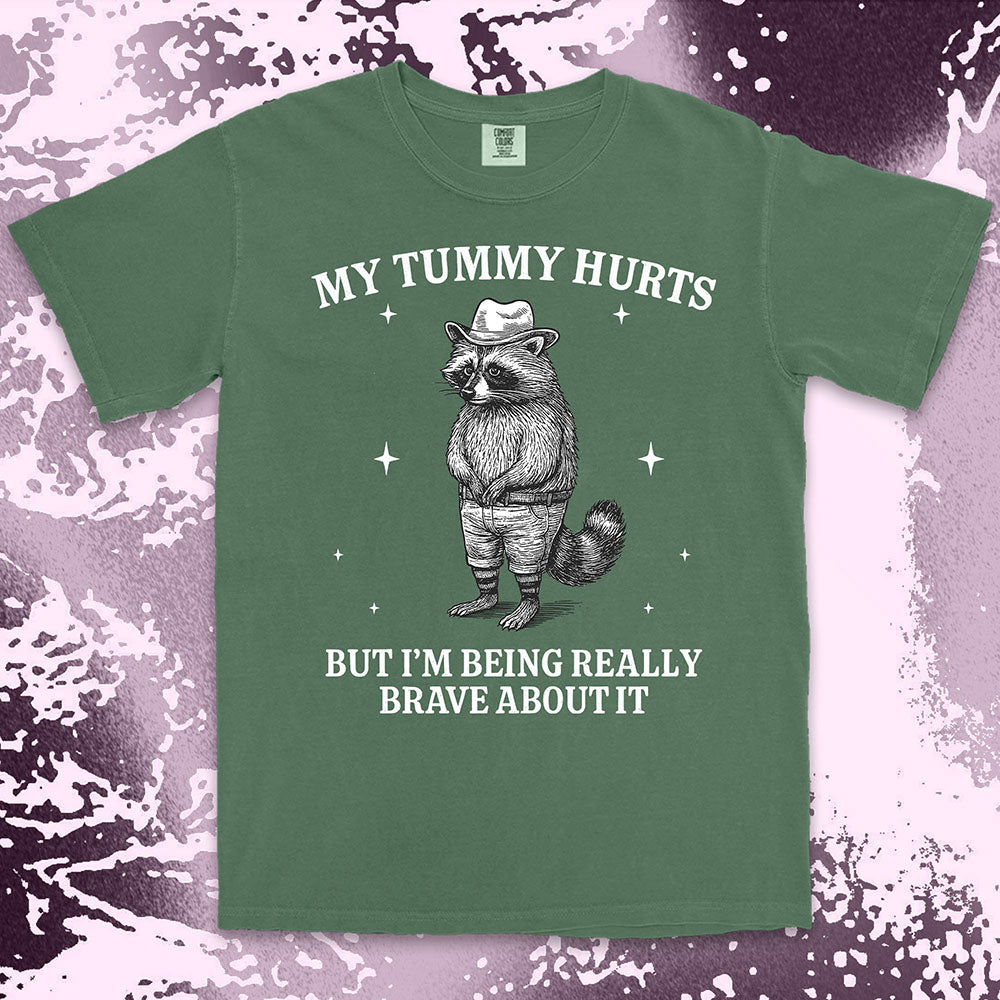 Funny raccoon shirt with “My Tummy Hurts But I’m Being Really Brave About It” quote, cowboy hat animal design
