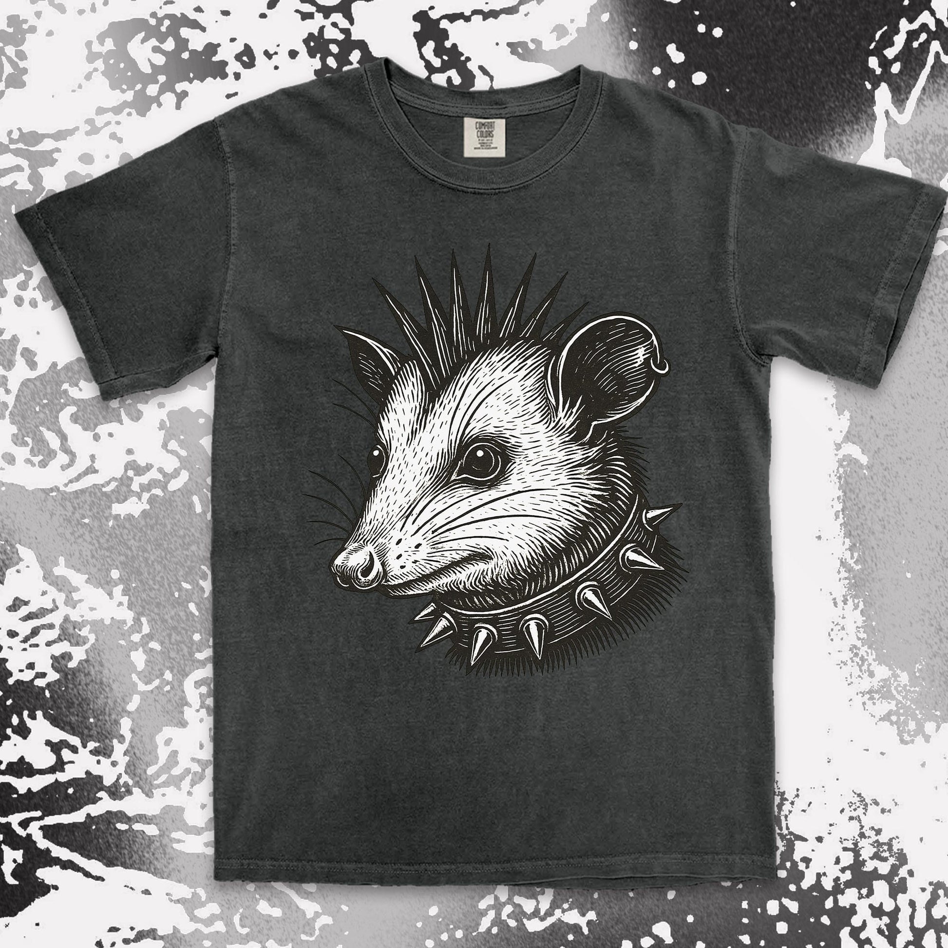 punk possum graphic t-shirt with spikes collar