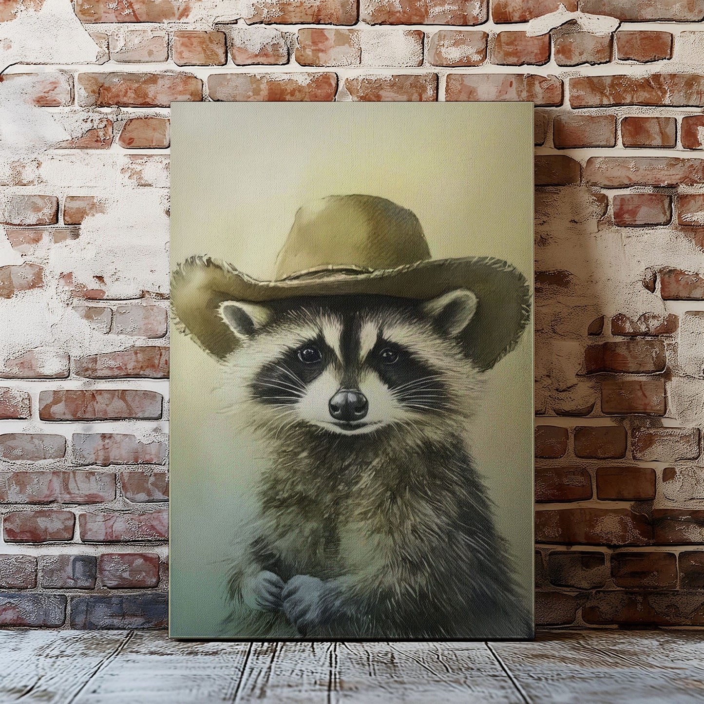 Cowboy raccoon canvas wall art featuring a raccoon wearing a vintage brown cowboy hat in rustic western style