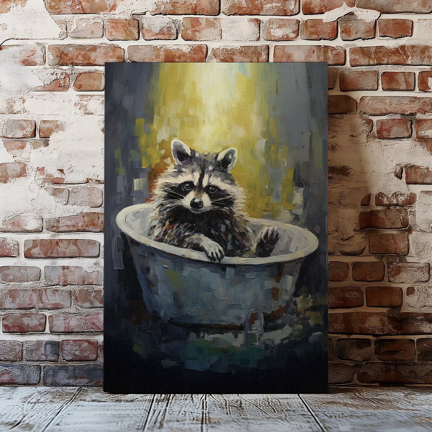 Raccoon in bathtub impressionist canvas wall art featuring a raccoon sitting in a vintage tub painted with textured brushstrokes