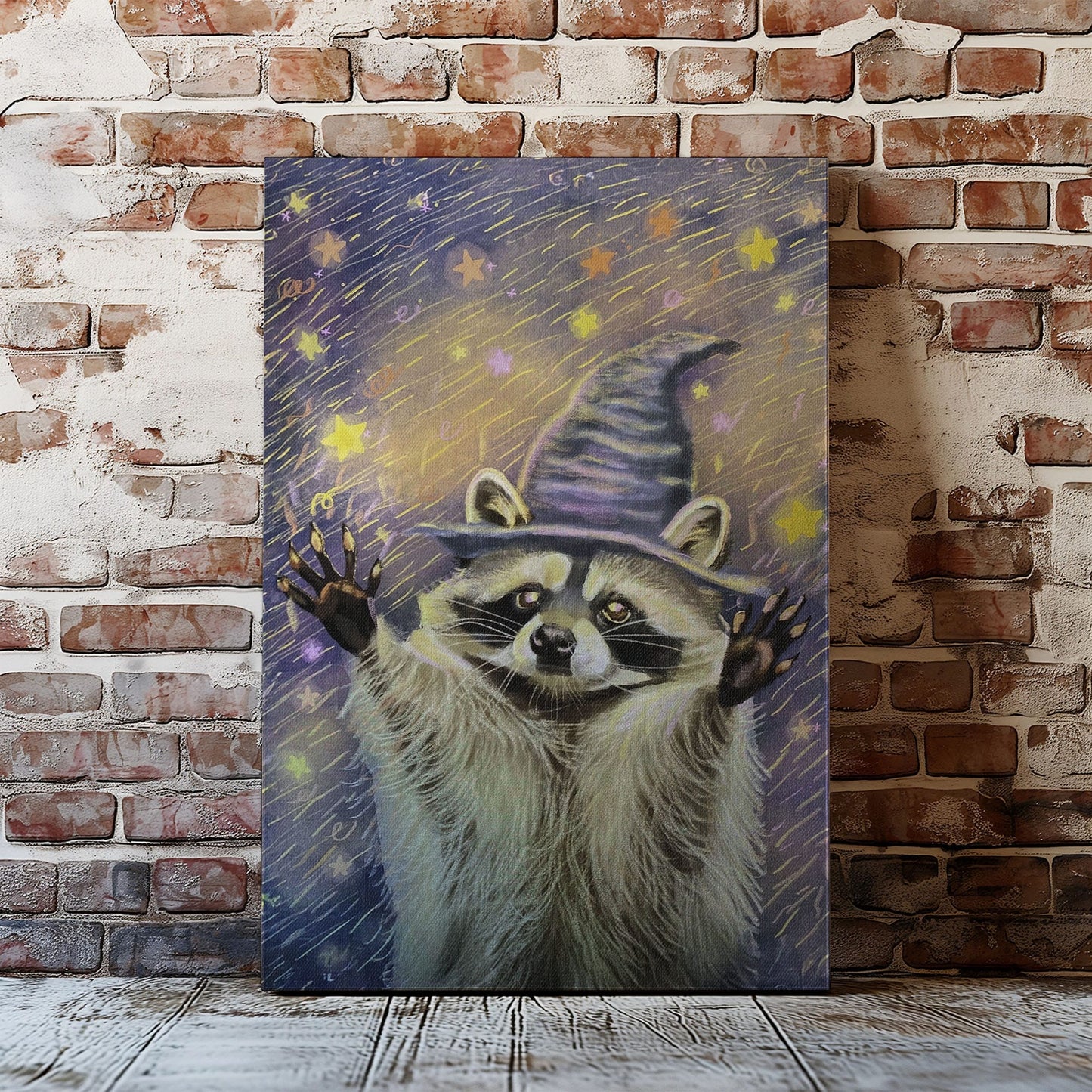 Witch raccoon canvas wall art featuring a raccoon wearing a purple wizard hat surrounded by glowing stars in magical night sky style