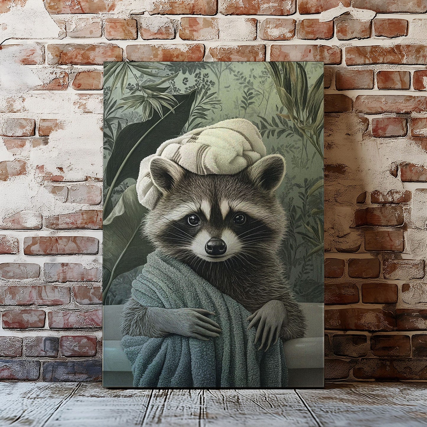 Spa raccoon canvas wall art featuring a raccoon wrapped in a green towel with a towel turban against leafy vintage background