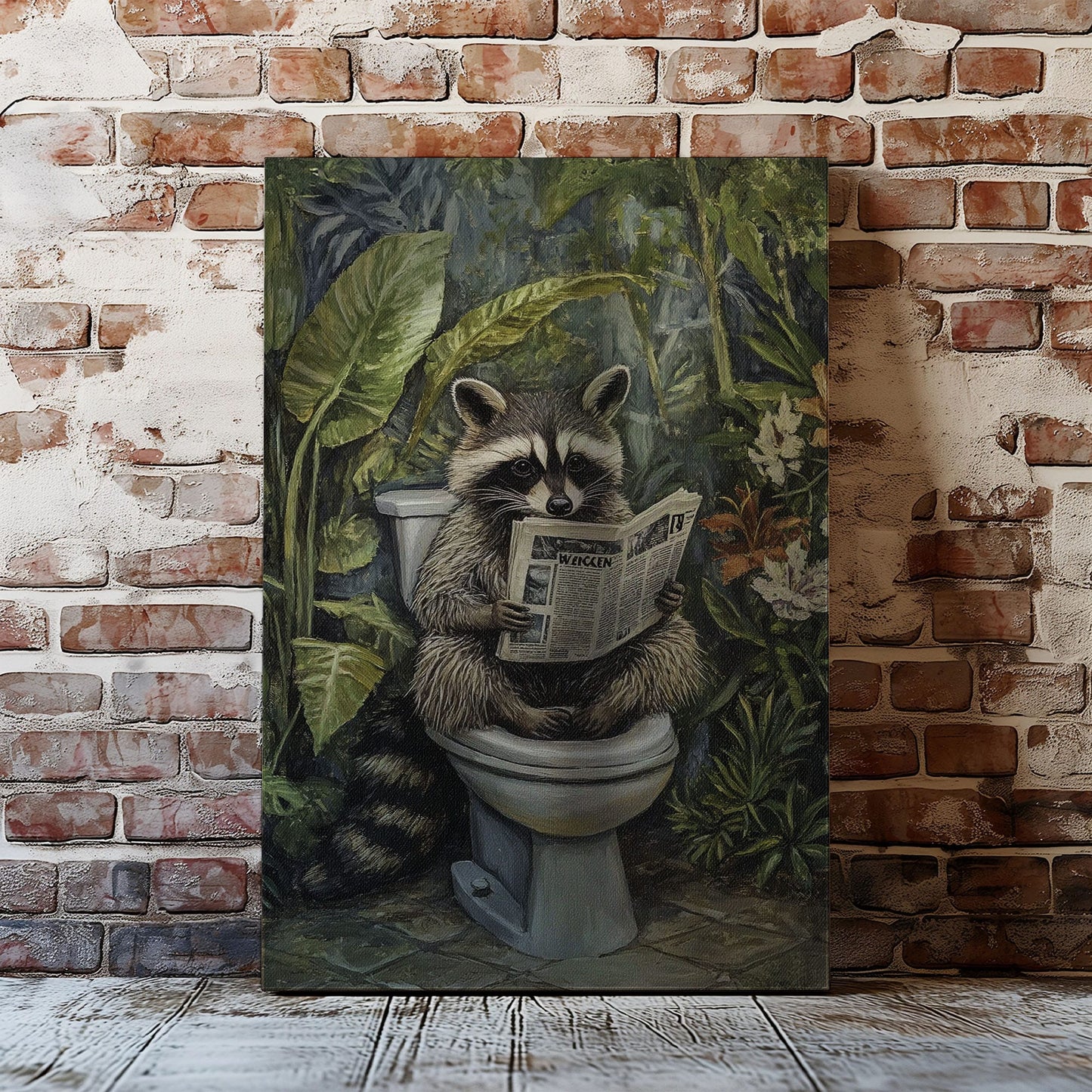 Bathroom raccoon canvas wall art featuring a raccoon sitting on toilet reading a newspaper surrounded by green tropical plants