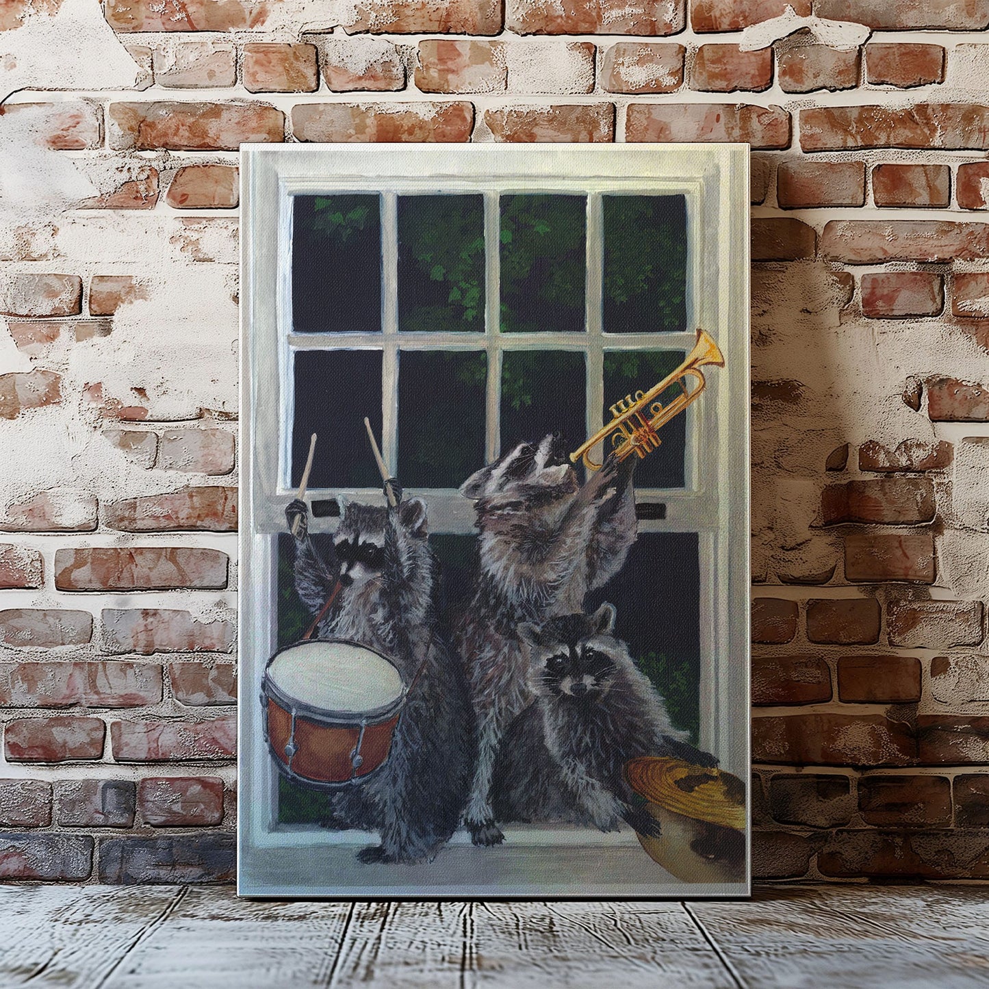 Raccoon band canvas wall art featuring three raccoons playing drum, trumpet, and guitar near a window in humorous vintage style