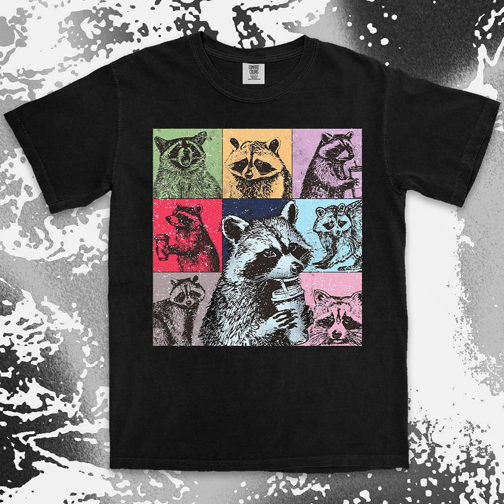 Funny raccoon coffee shirt retro pop art design
