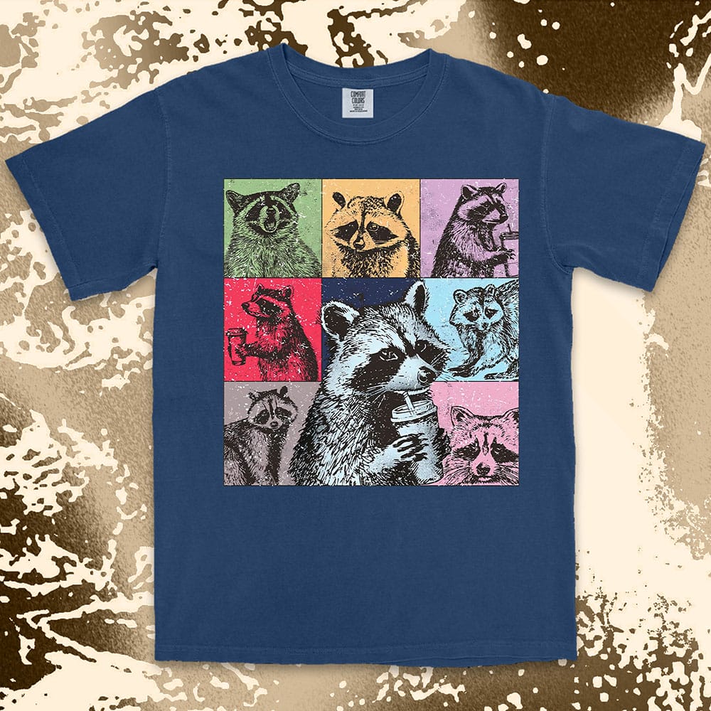Funny raccoon coffee shirt retro pop art design