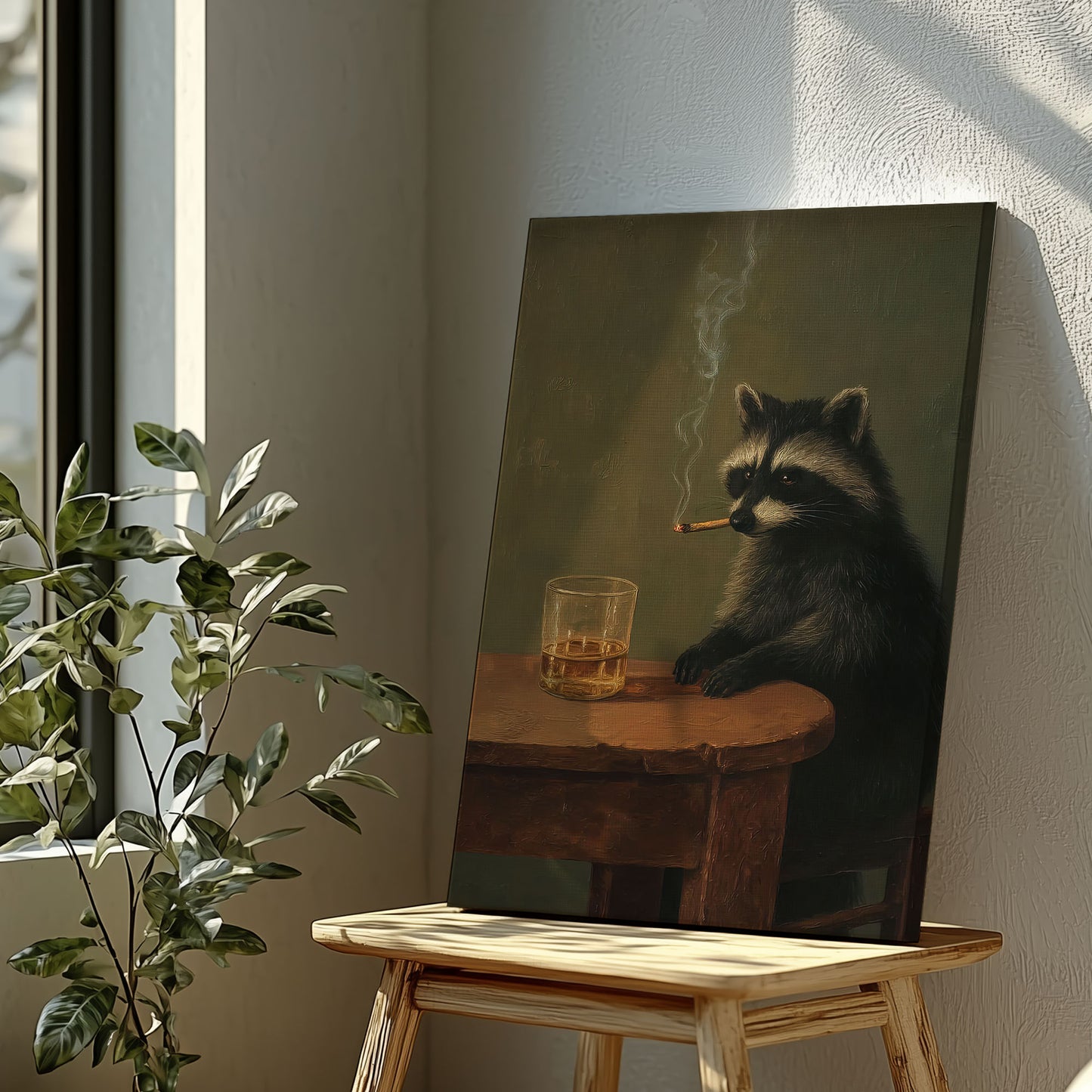 Moody Raccoon Smoking with Whiskey Canvas Art