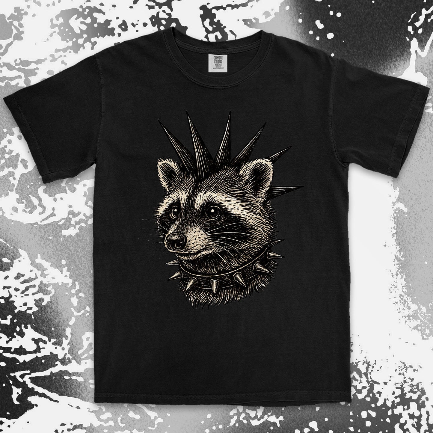 Black t-shirt with a punk raccoon design . Punk style