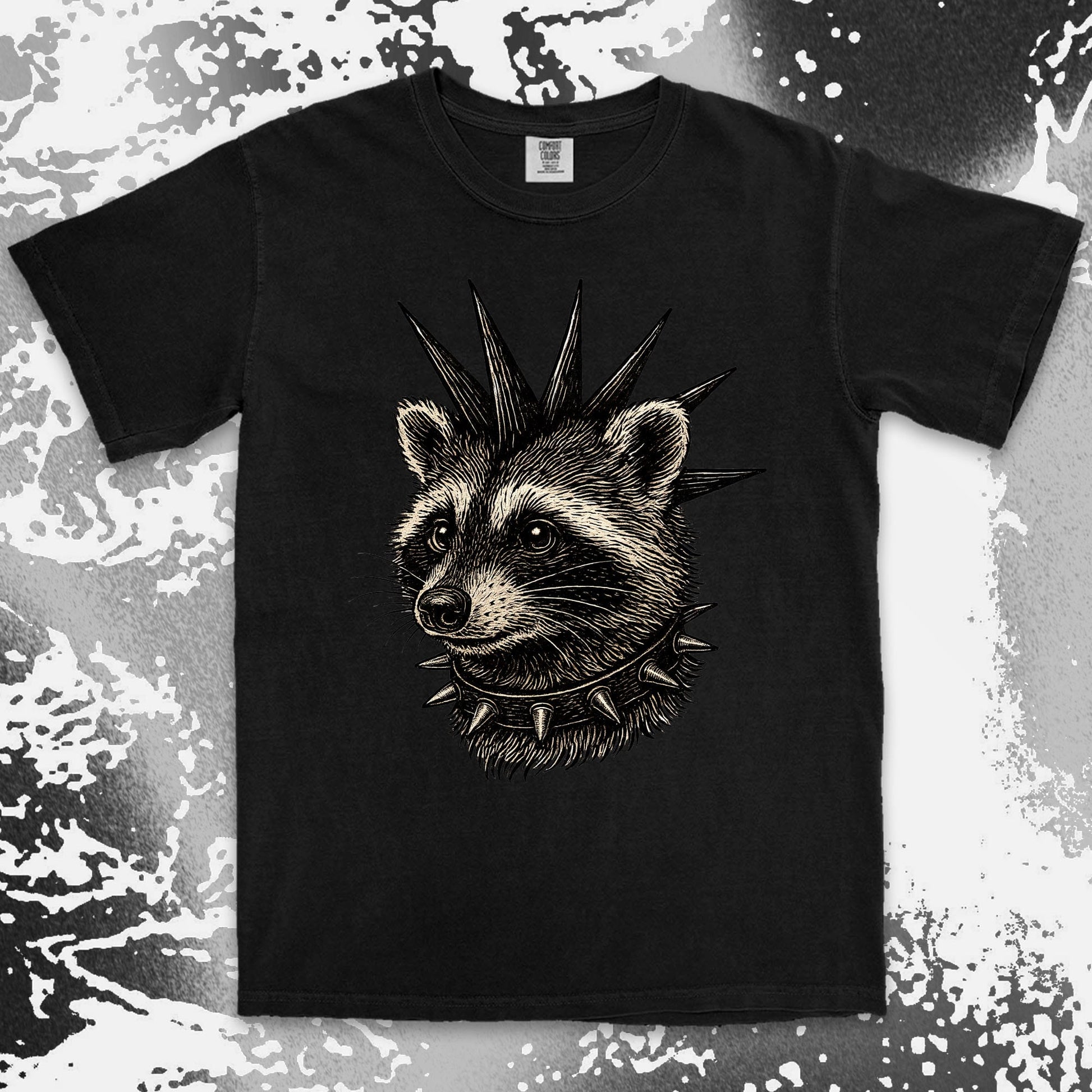 Black t-shirt with a punk raccoon design . Punk style