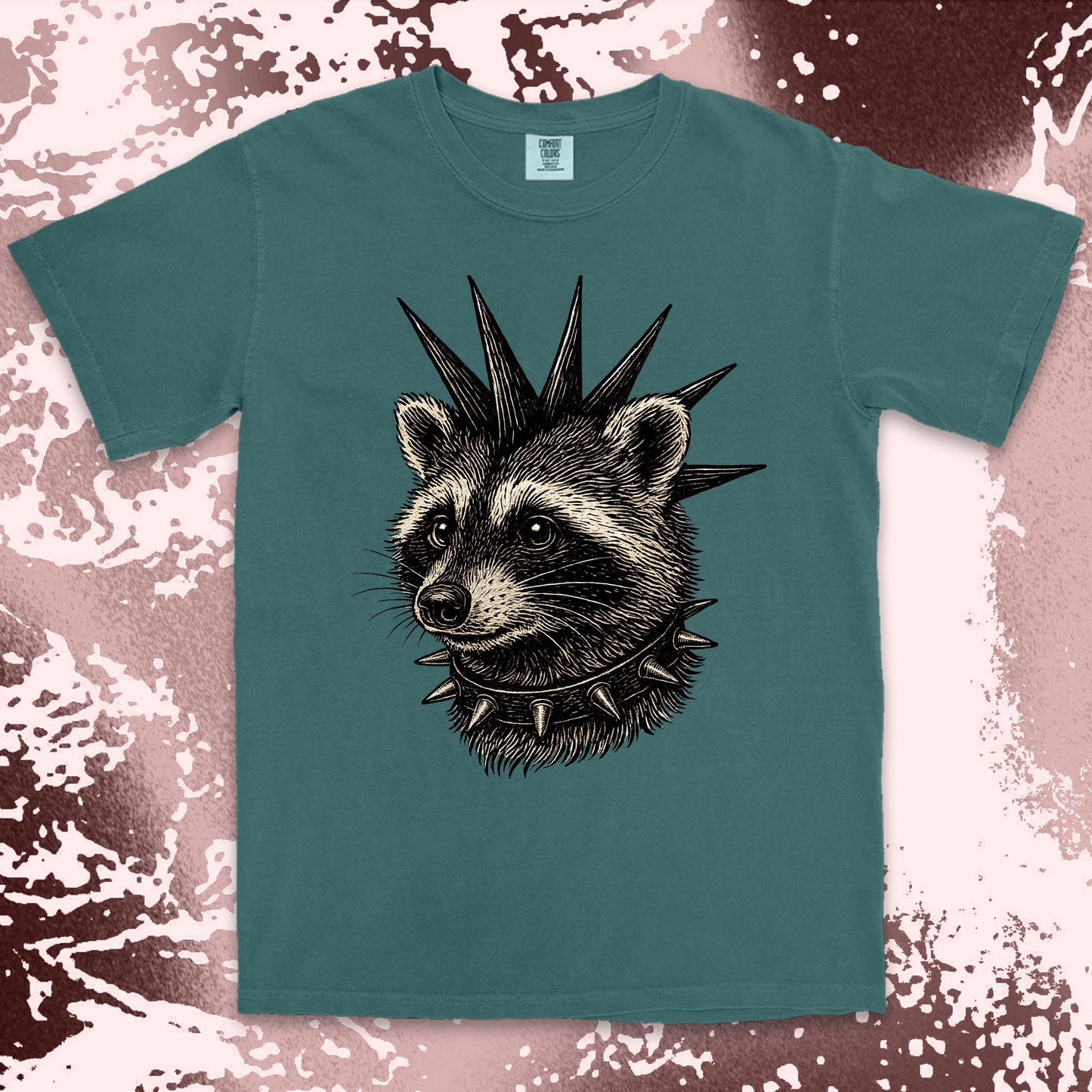 punk raccoon graphic t-shirt with spikes and attitude