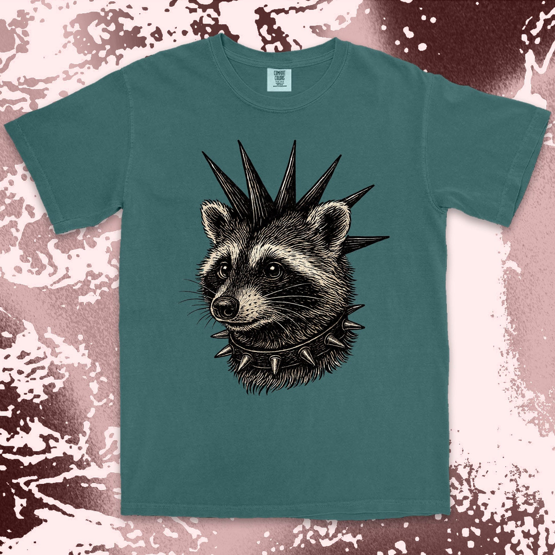 punk raccoon graphic t-shirt with spikes and attitude