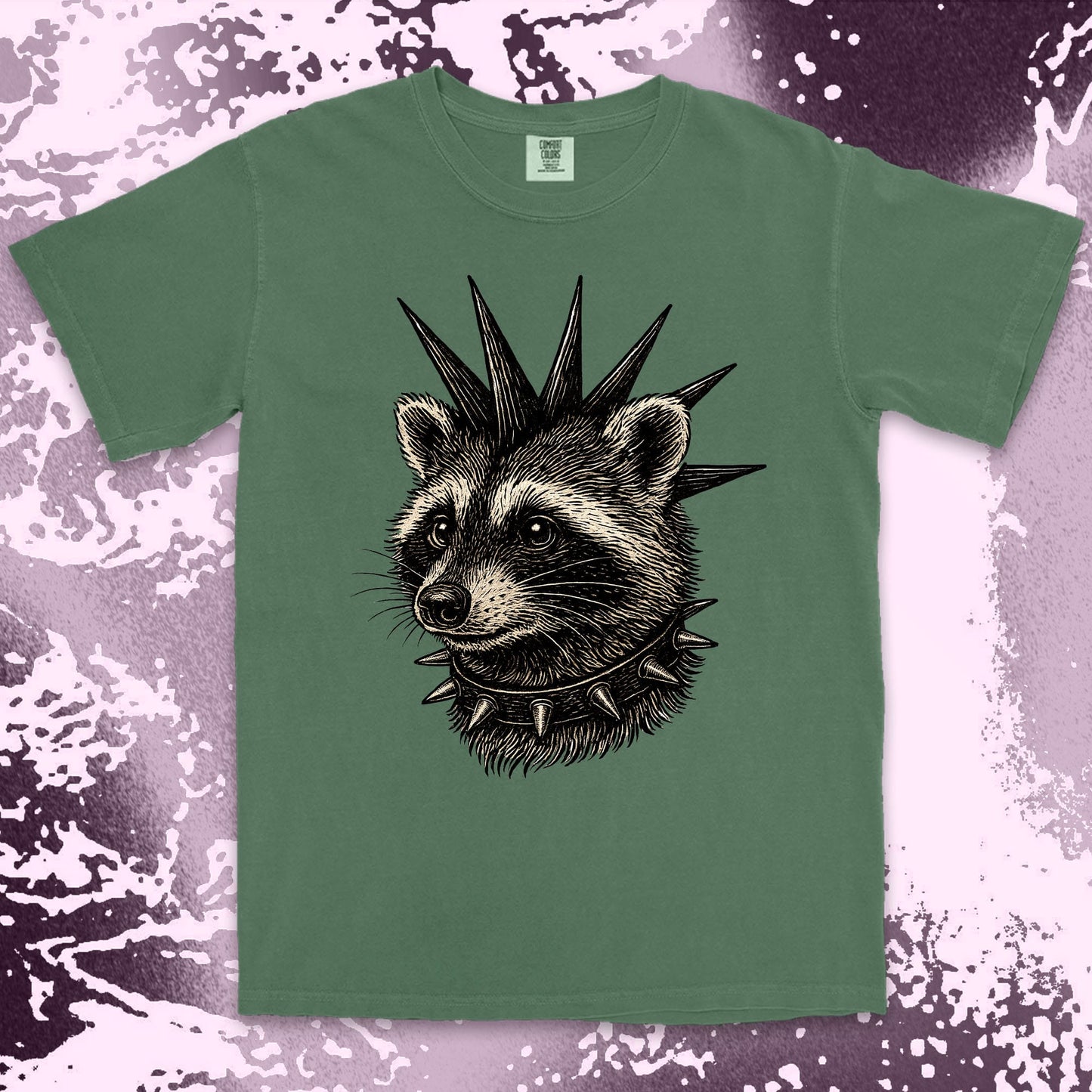 punk raccoon graphic t-shirt with spikes and attitude