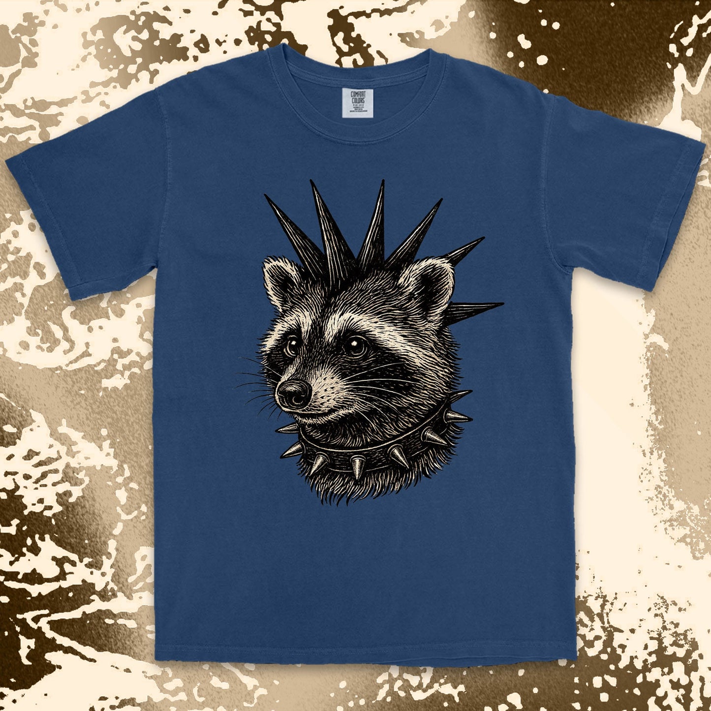 punk raccoon graphic t-shirt with spikes and attitude. Navy shirt