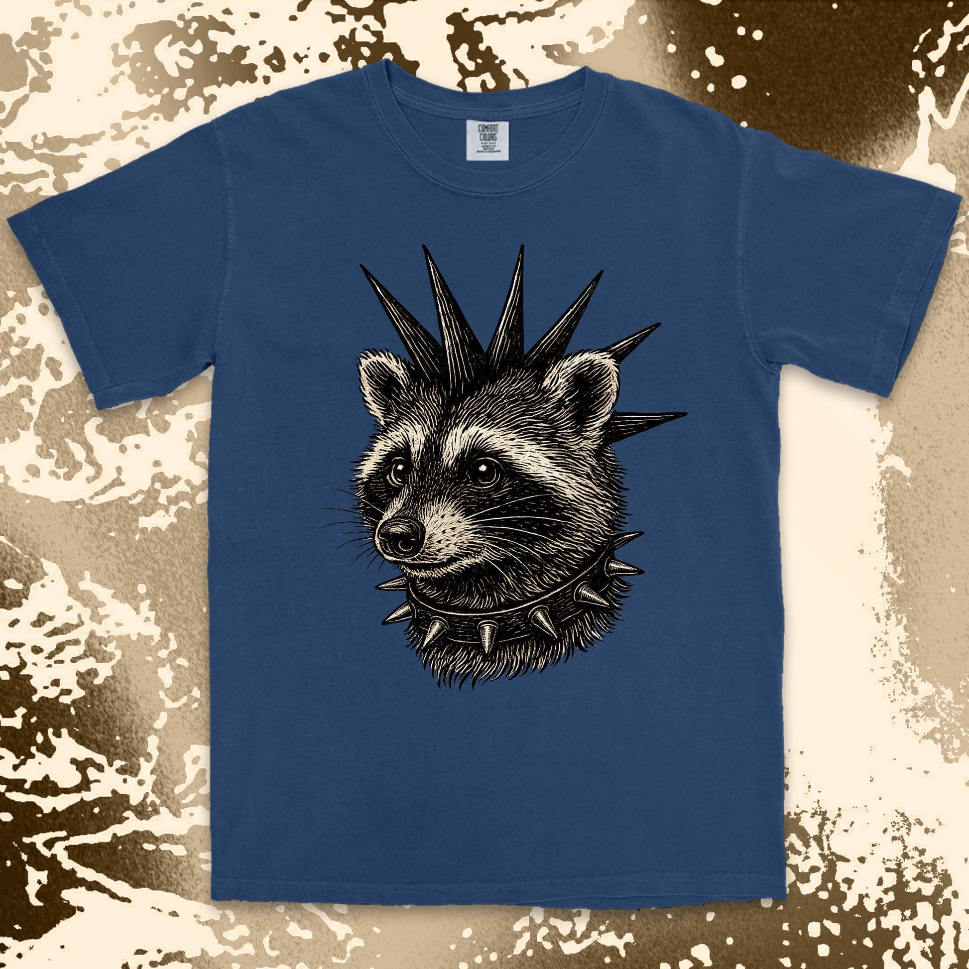 punk raccoon graphic t-shirt with spikes and attitude. Navy shirt